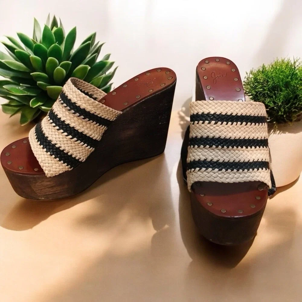 Joie Black Ivory Black Woven Stripe Braided Leather Platform Wood Wedges 10 - 40